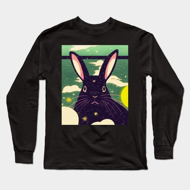 Black Rex Rabbit in Velvety Coat Dreamy Sky Long Sleeve T-Shirt by wigobun